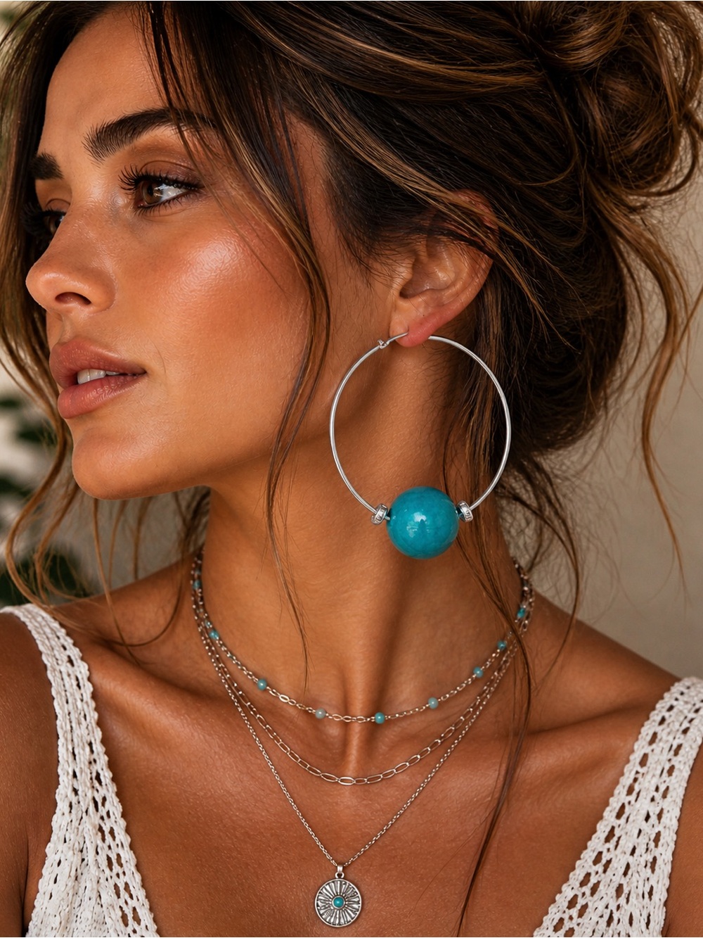 ✨ Turquoise Wooden Bead Silver Hoop Earrings – Boho Chic Statement ✨